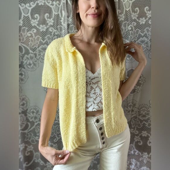 Vintage LeRoy Knitwear Acrylic Open Front Short Sleeve Yellow Cardigan - Picture 2 of 13